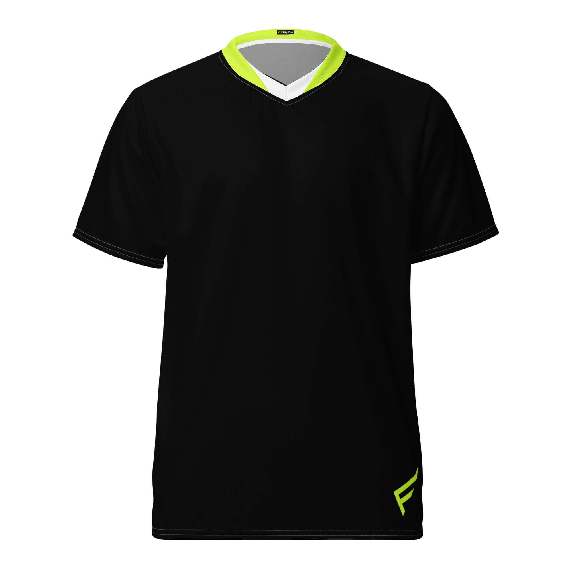 CoreDry V-Neck Training Jersey in Black with Lime Trim, designed for breathability and performance.