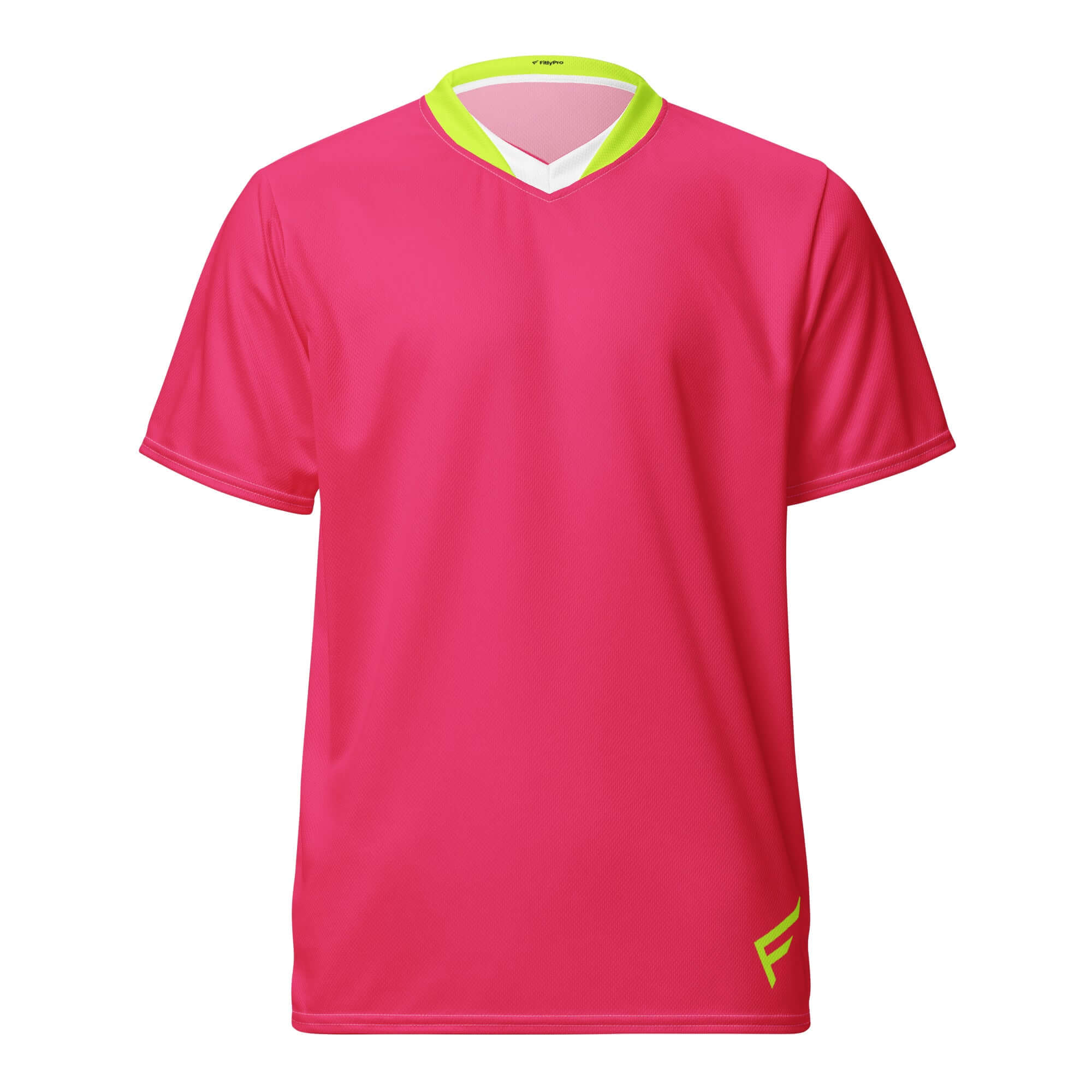PowerPlay V-Neck Jersey in bold hyper pink with neon green detailing for women, perfect for training and performance.