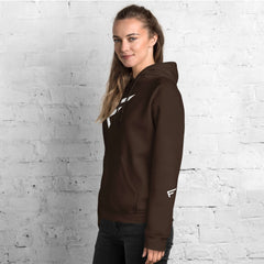 Woman wearing a brown women's hoodie with signature 'F' emblem, styled for comfort and bold movement.