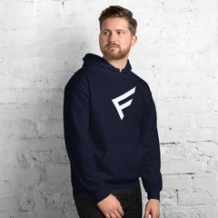Men's limited drop hoodie in navy with iconic 'F' emblem, perfect for comfort and style.