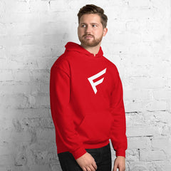 Red men's hoodie featuring signature 'F' emblem, showcasing comfort and street style in a limited edition design.