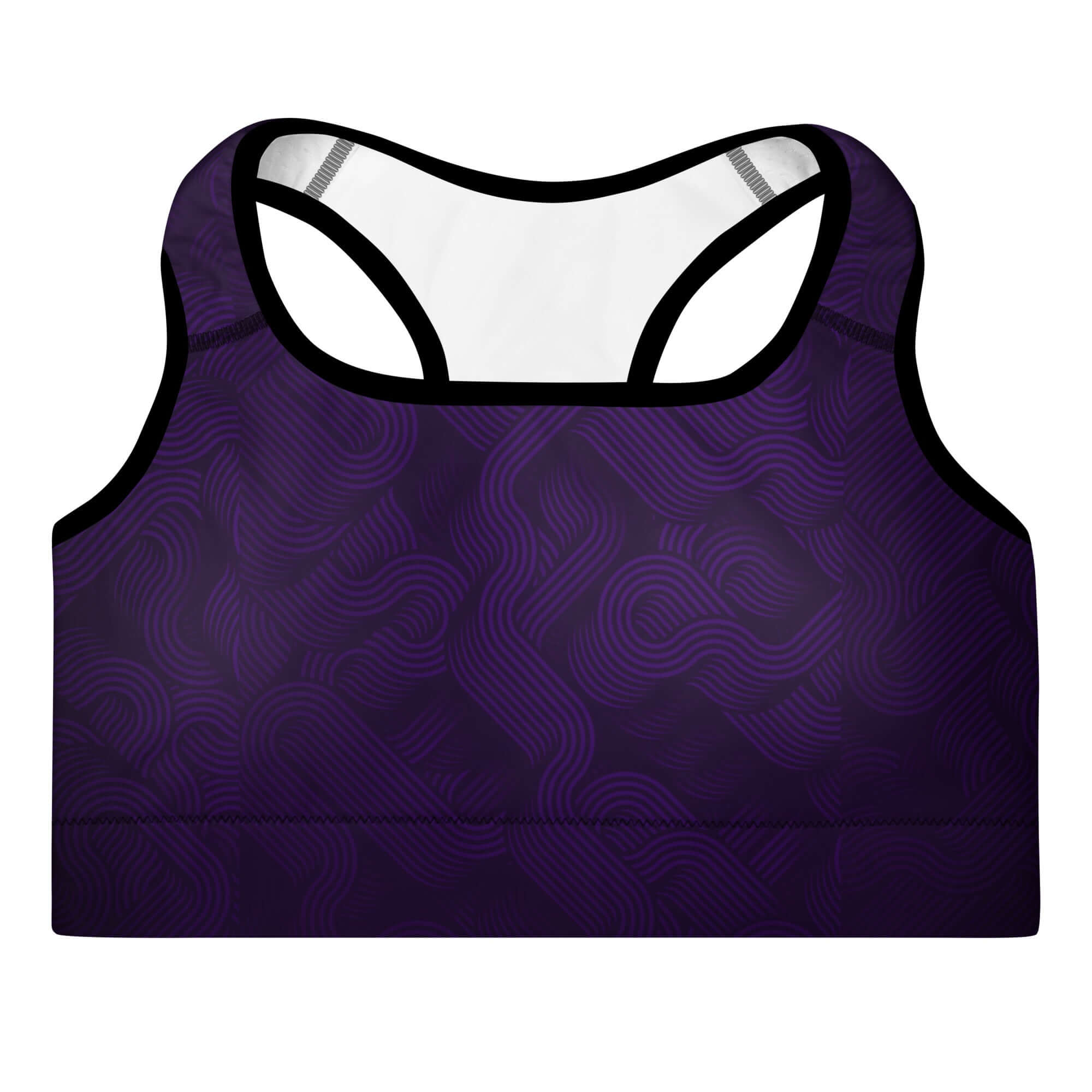 MotionCurve Sports Bra – SculptFit Support in deep purple with intricate wave patterns.