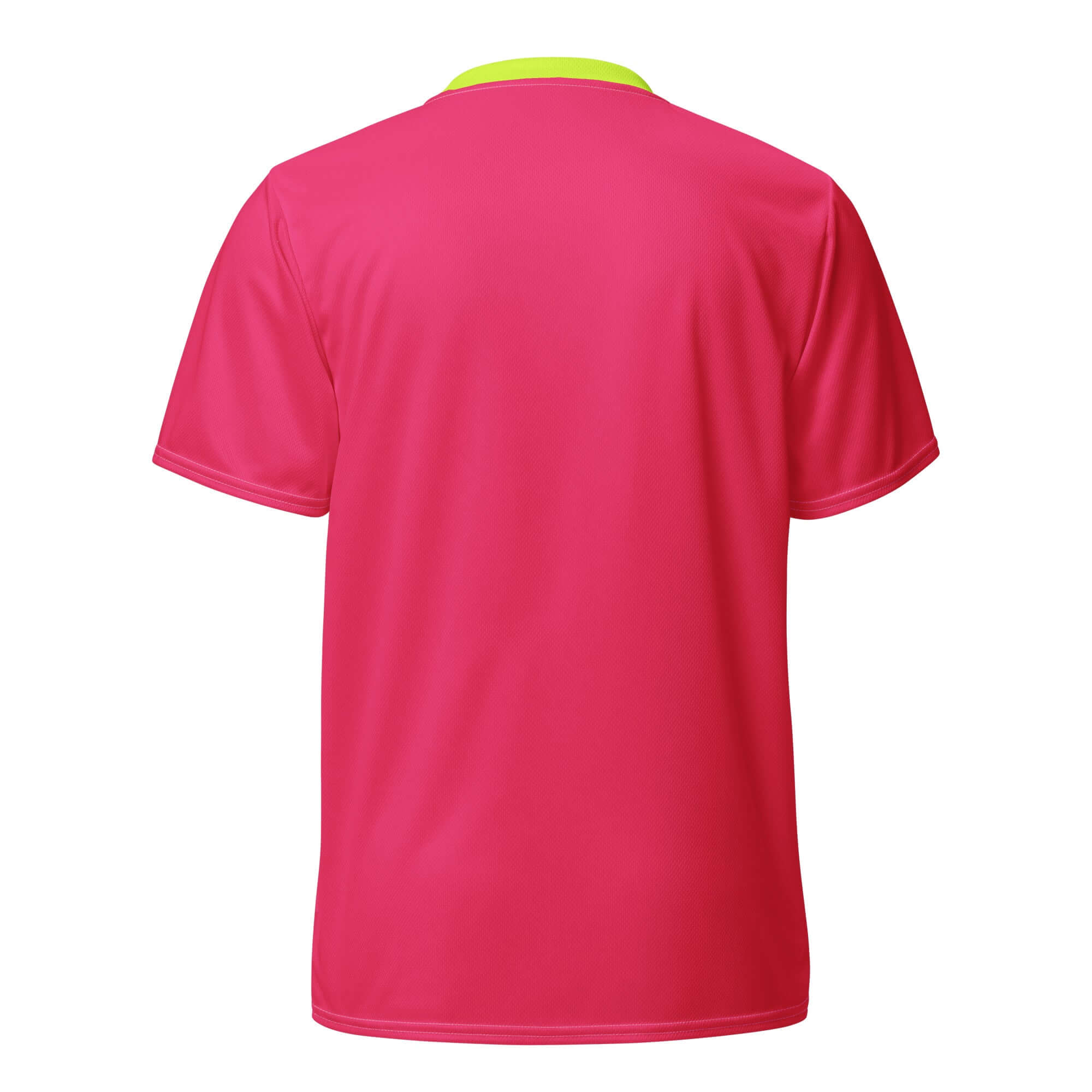 Back view of PowerPlay V-Neck Jersey in hyper pink with neon detailing, designed for performance and breathability.