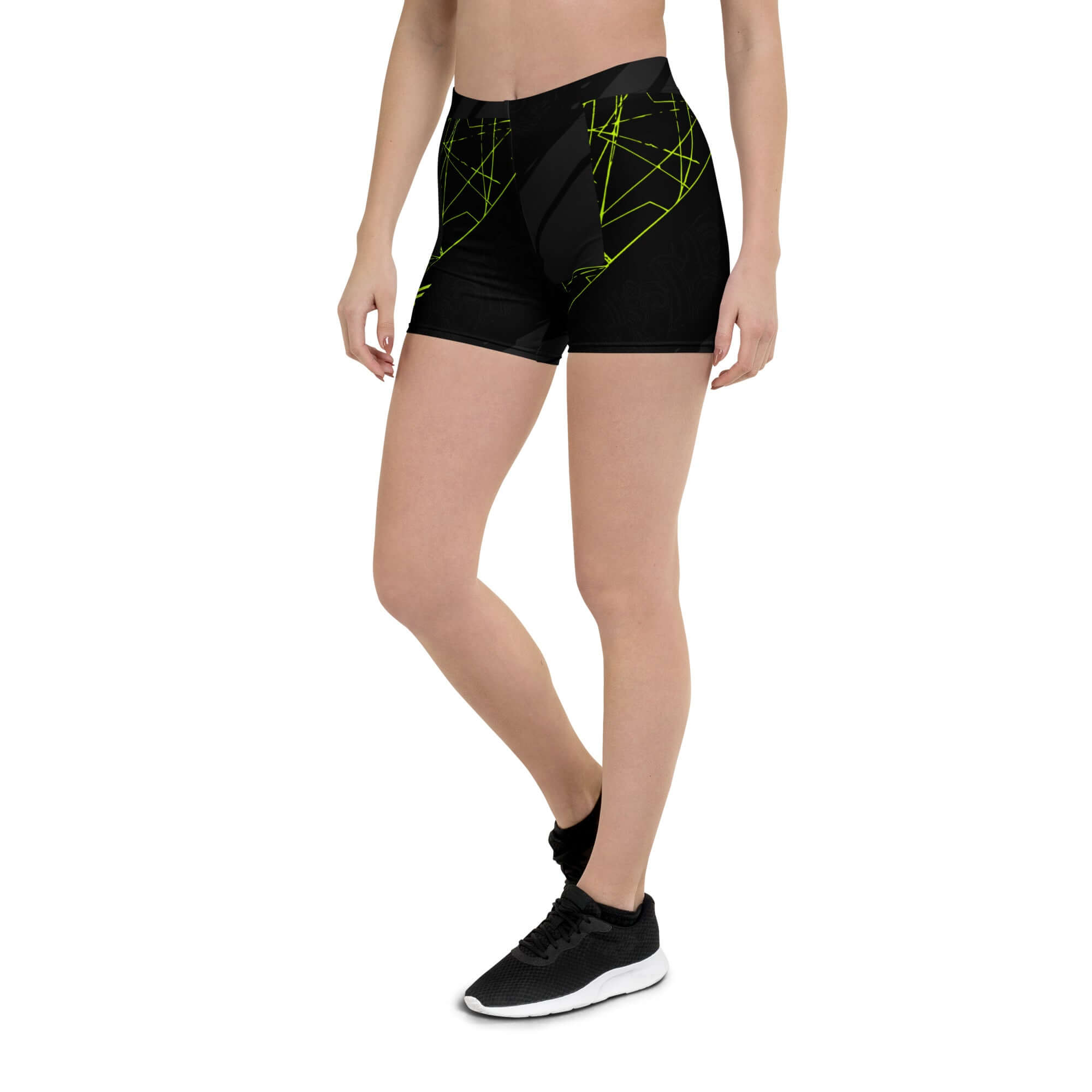 Women’s StrikeLine Shorts in Neon Grid Black Edition, featuring a dynamic neon design and four-way stretch fabric for comfort.
