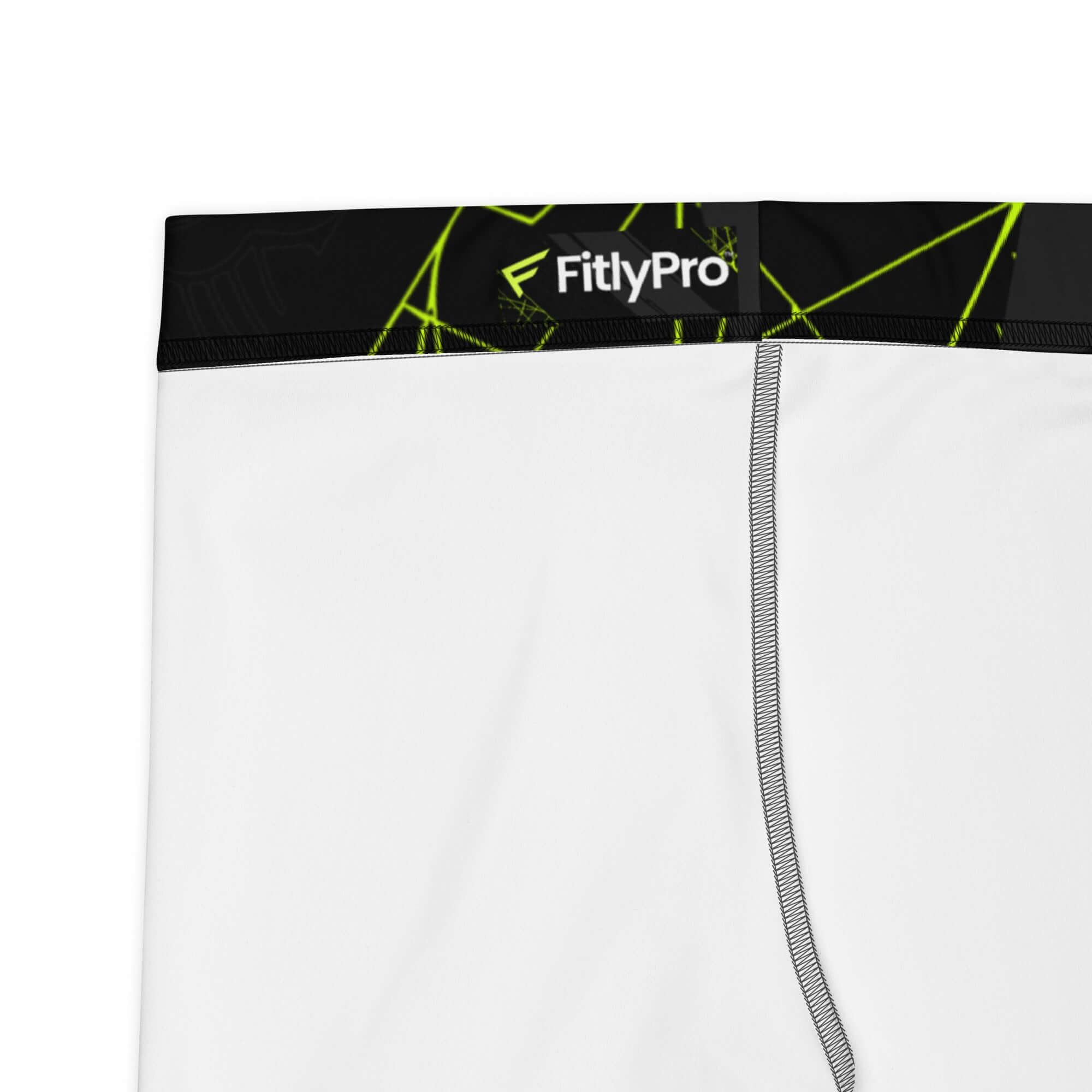 Close-up of FitlyPro Women's StrikeLine shorts with neon grid design and elastic waistband, perfect for training.
