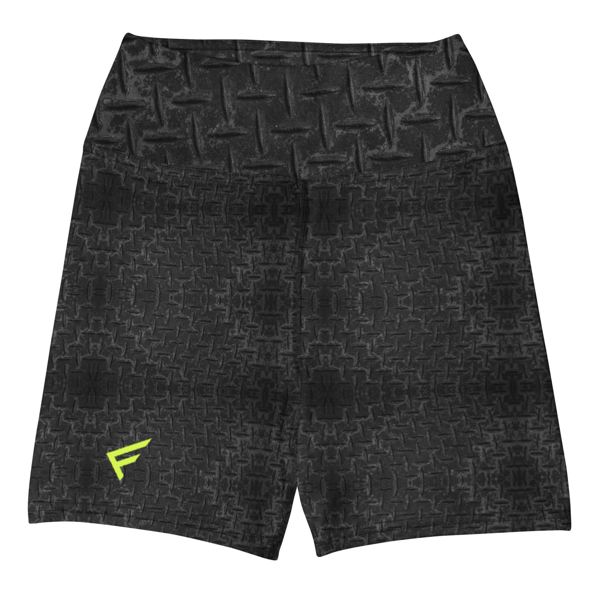 Women’s high-waisted training shorts in black textured fabric with a supportive high waistband and flexibility for workouts.