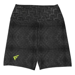 Women’s high-waisted training shorts in black textured fabric with a supportive high waistband and flexibility for workouts.