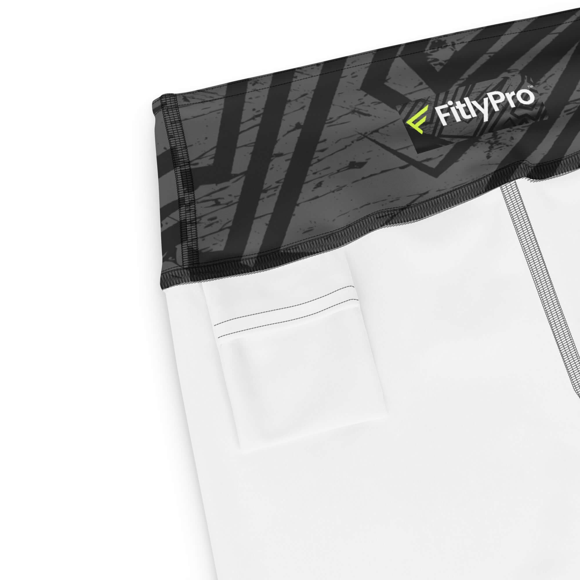Close-up of FitlyPro women's ribbed high-waisted shorts with textured waistband and side pocket feature.