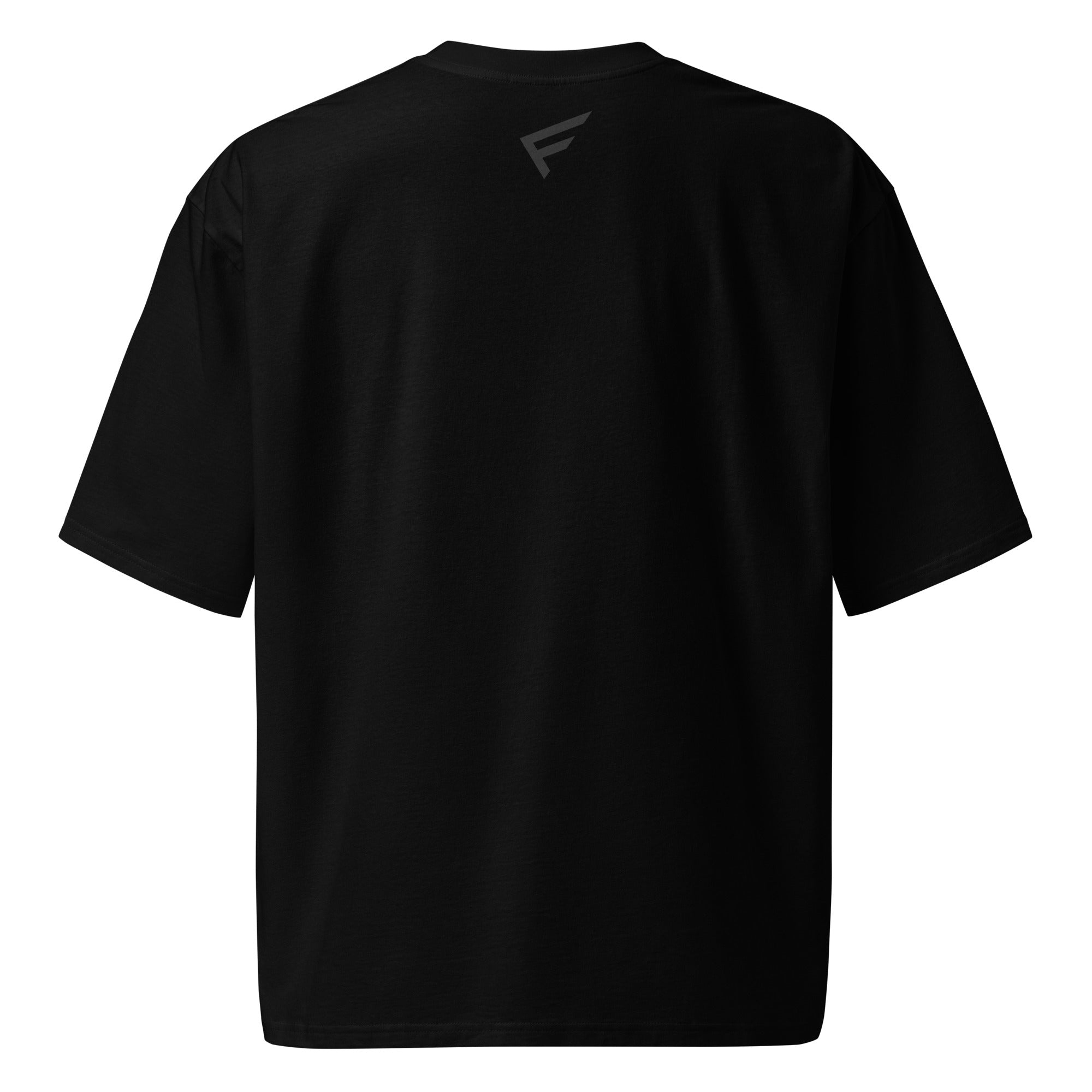 Back view of the UrbanMark Edition oversized heavyweight tee in black with drop-shoulder fit.