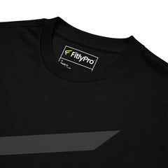 StreetCore Oversized Drop Shoulder Fit black tee close-up with brand tag and shoulder details.