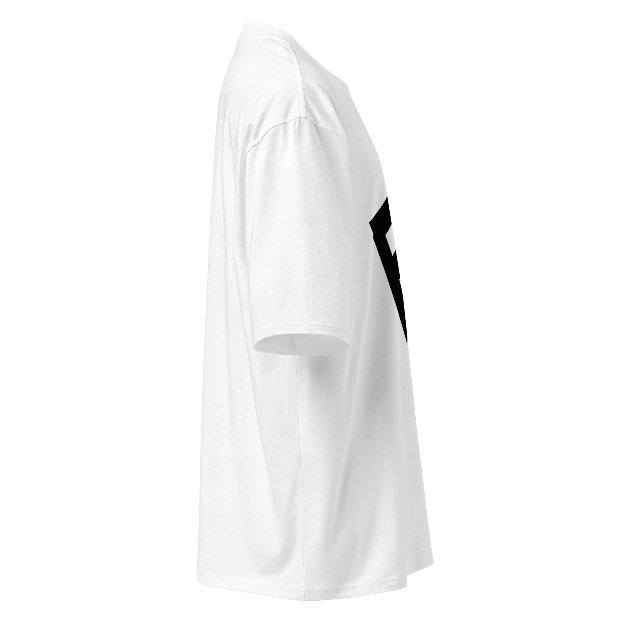 UrbanMark Edition oversized heavyweight tee in white with bold tonal chest mark, side view showing drop-shoulder design.