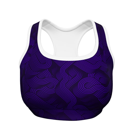 MotionCurve Sports Bra – SculptFit Support in a purple patterned design, featuring a racerback and moisture-wicking fabric.