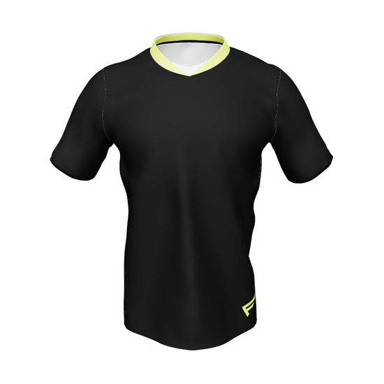 CoreDry V-Neck Training Jersey in black with lime trim, designed for breathability and performance, made from recycled polyester.
