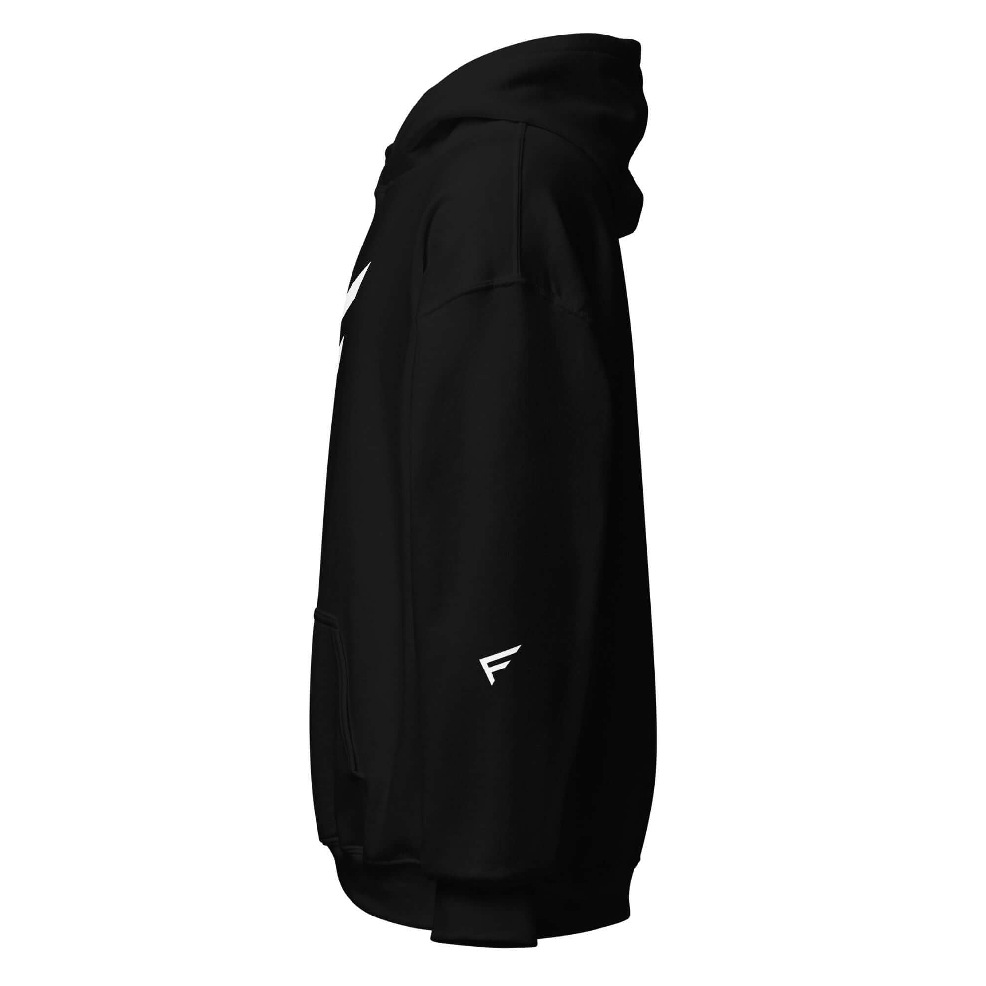 Side view of women's black hoodie with signature 'F' emblem, designed for comfort and bold movement.