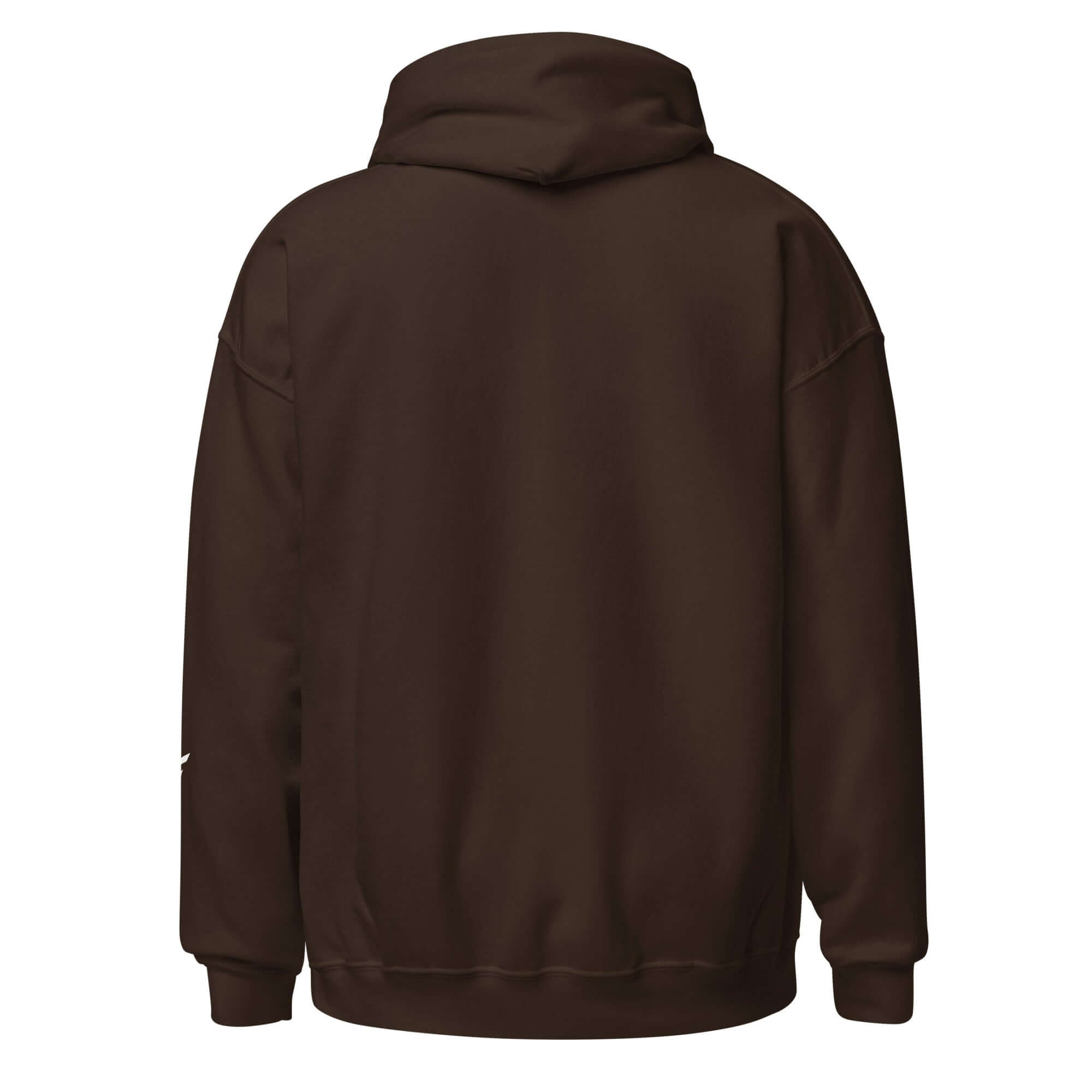 Back view of Women's Hoodie featuring soft fabric and hood in dark brown color.