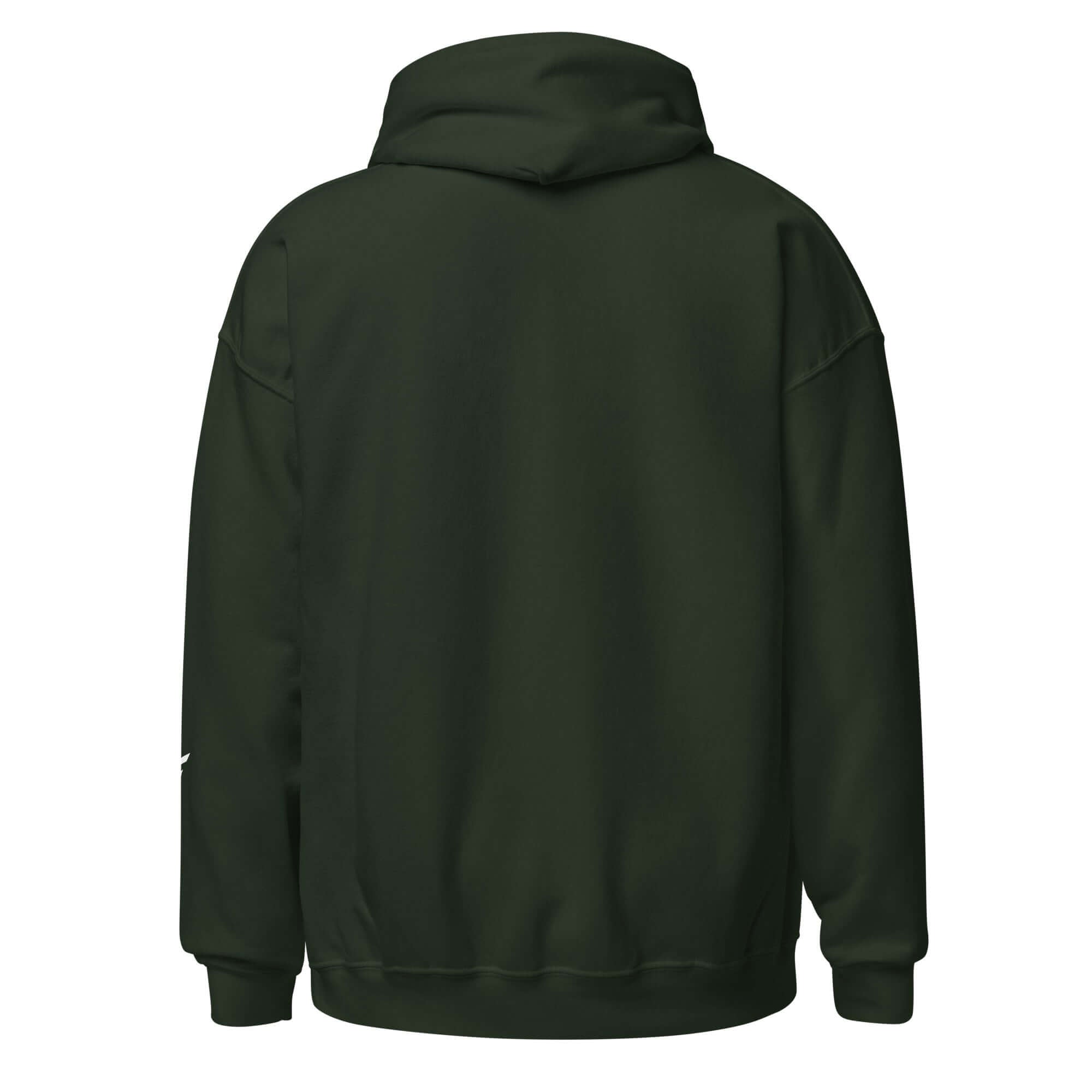 Men's hoodie from the Core Collection in dark green, showcasing the back design with a cozy hood.
