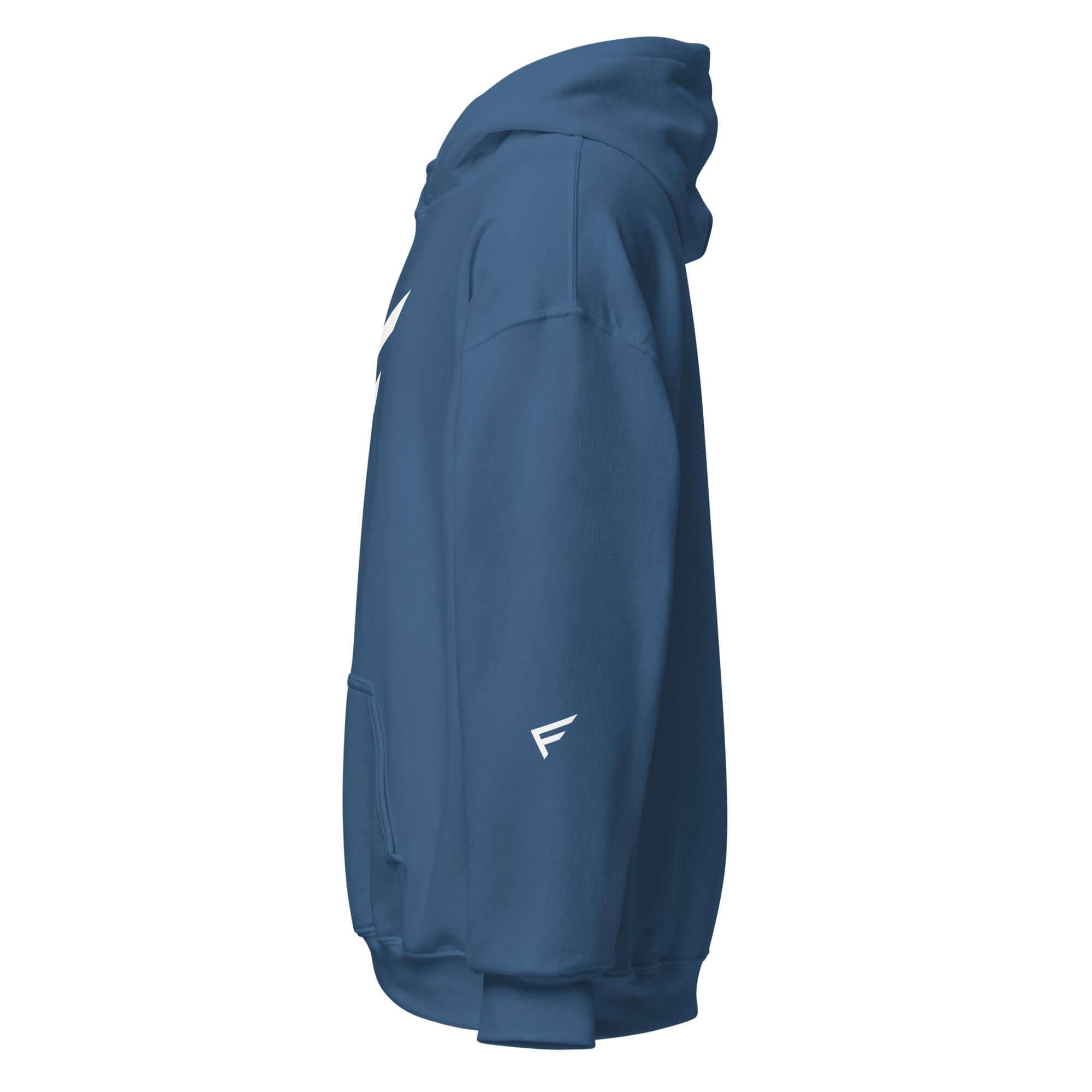 Side view of a women's blue hoodie with signature 'F' emblem, designed for comfort and bold movement.