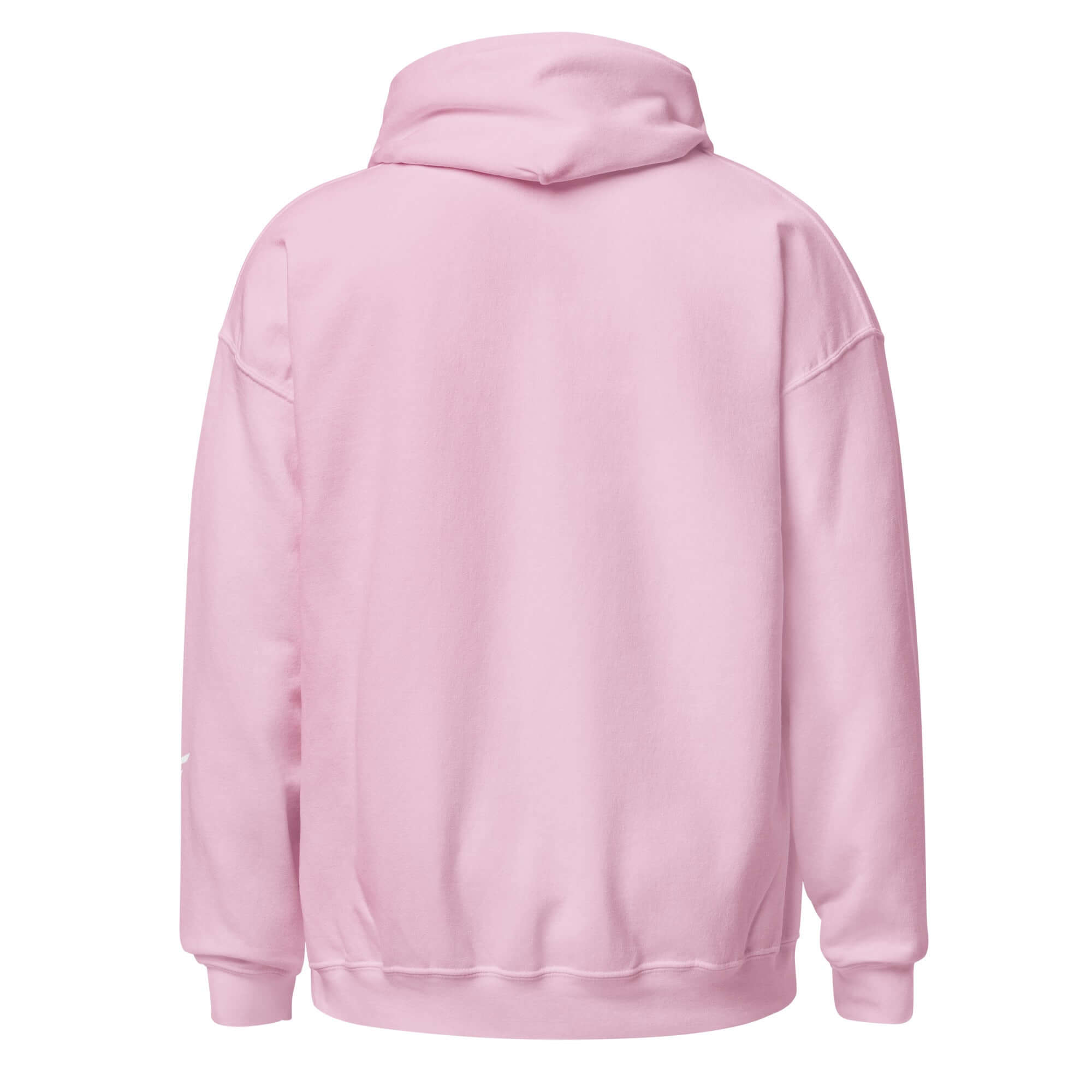 Back view of women's limited-edition pink hoodie with a relaxed fit, showcasing soft fabric and comfy design.