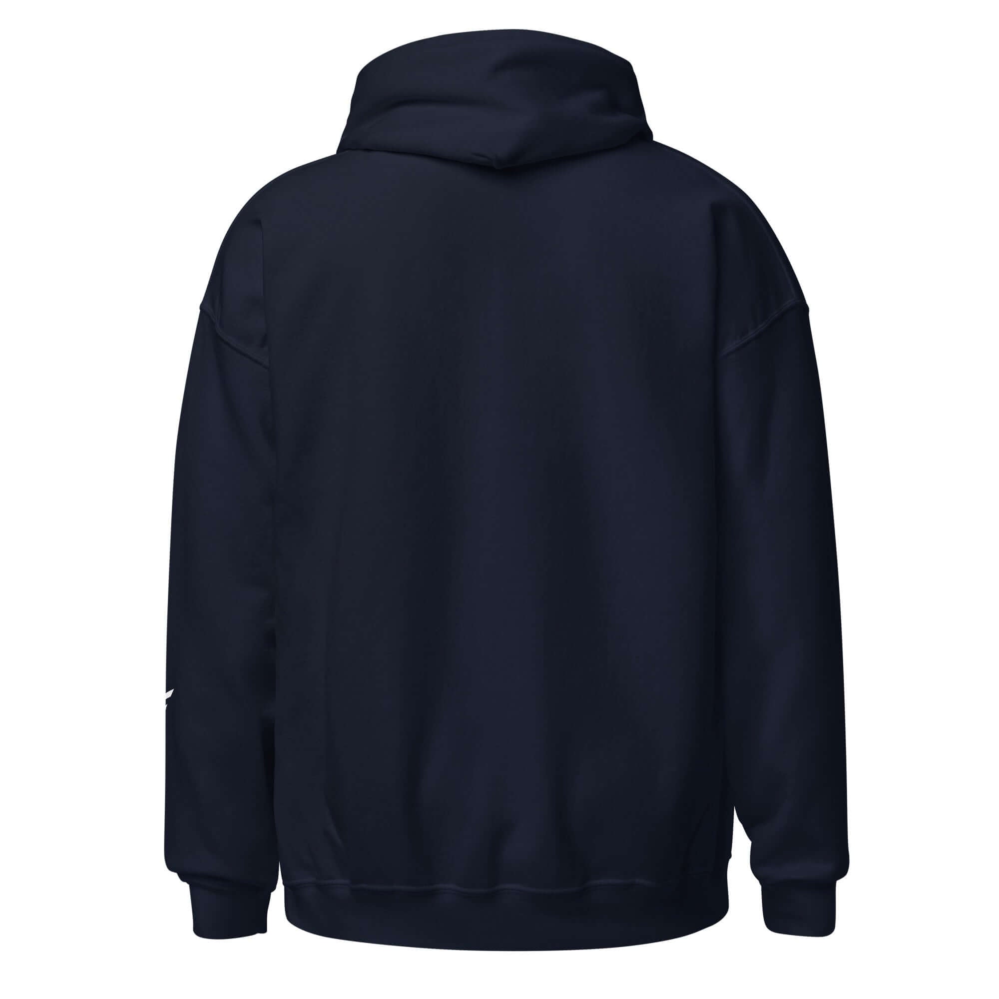 Back view of a men's navy hoodie with a comfortable fit, perfect for layering and daily wear.