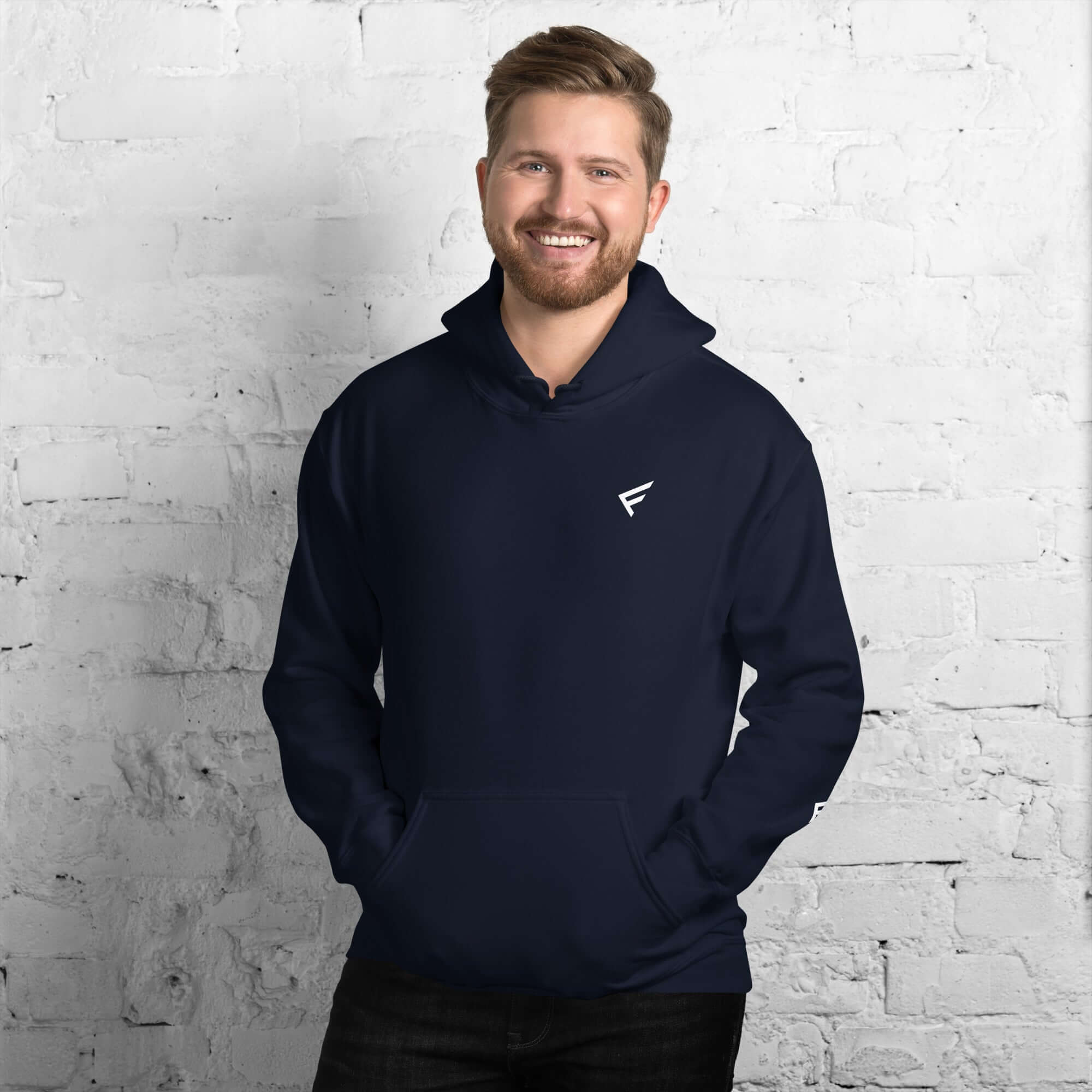 Men's Core Collection hoodie in navy blue, perfect for comfort and daily wear, featuring a stylish, minimal logo.