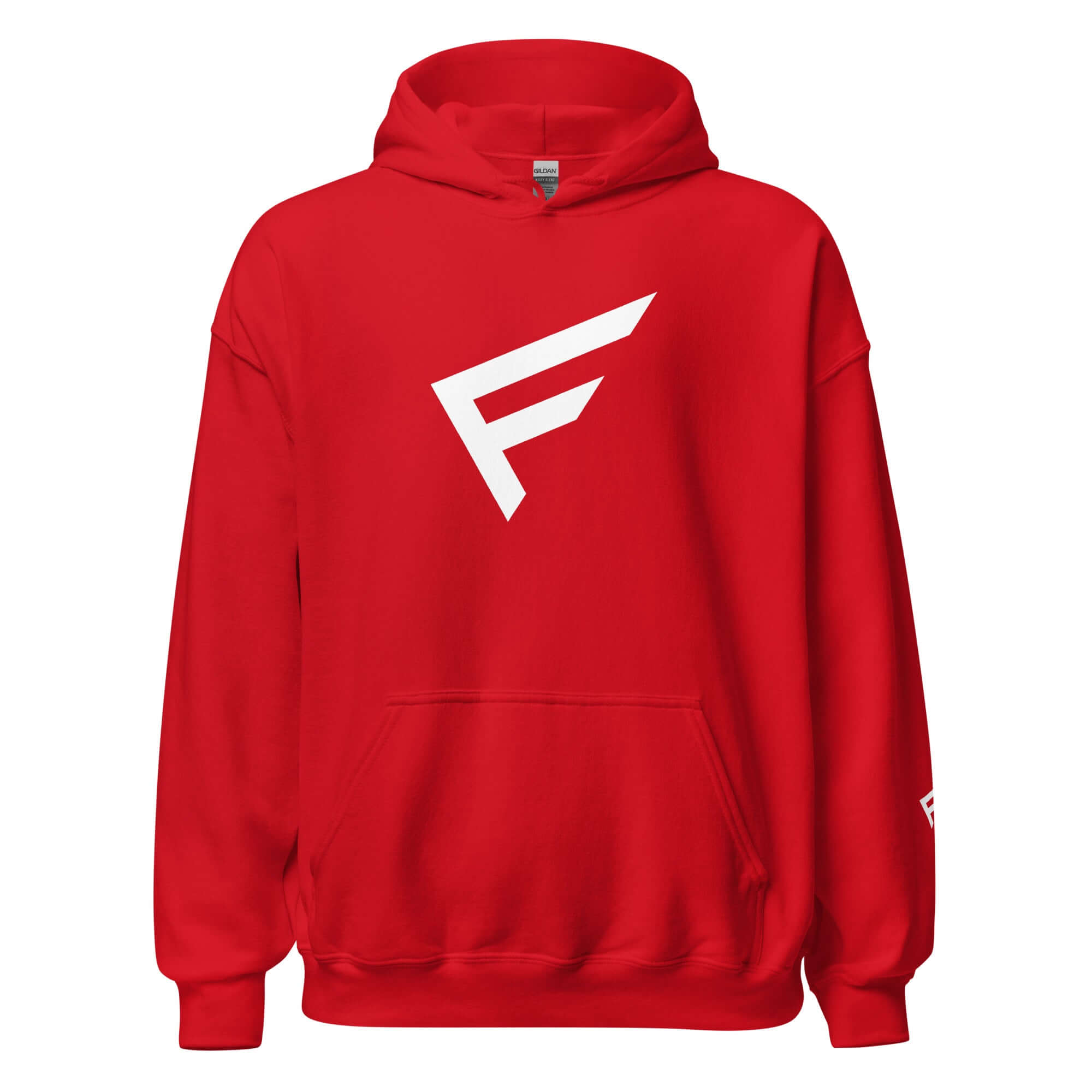 Men's red hoodie featuring signature 'F' emblem, designed for strength and comfort in a stylish, limited edition.