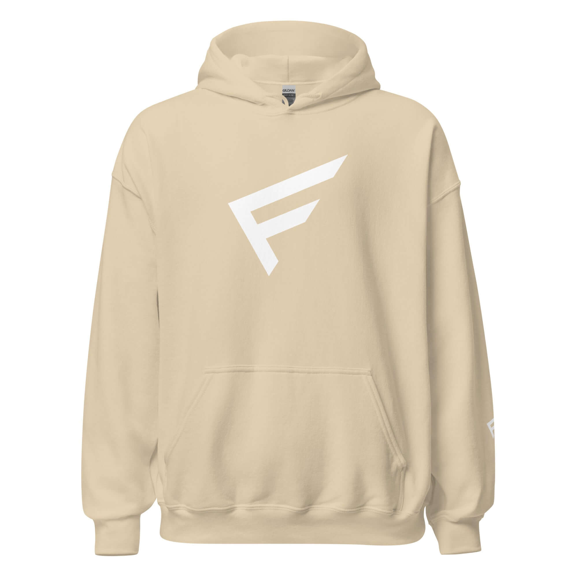 Beige women's hoodie featuring a bold white 'F' emblem, designed for comfort and stylish movement.