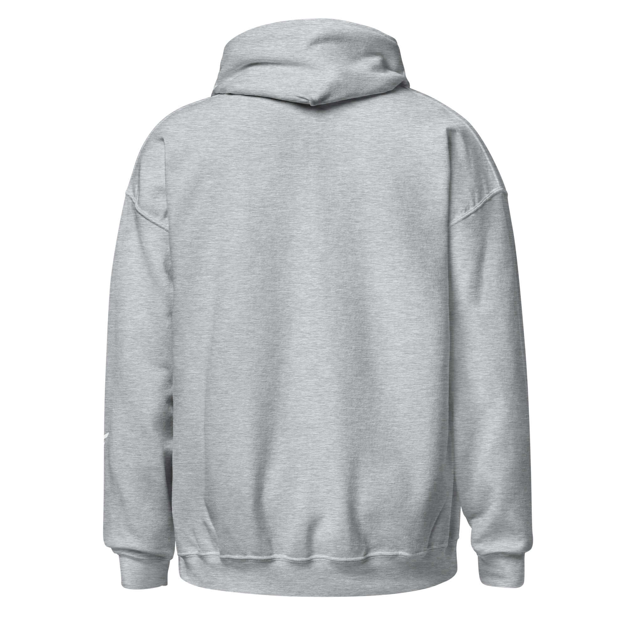 Back view of a women's grey hoodie with a relaxed fit, showcasing the hood and soft fabric for comfort.