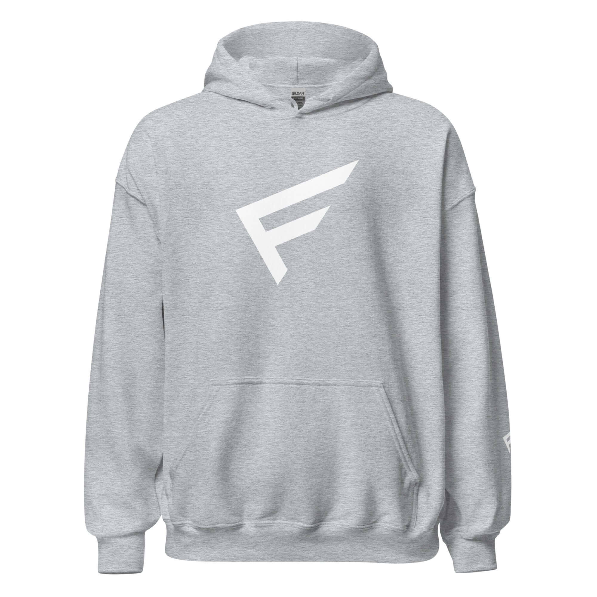 Gray women's hoodie with oversized fit and signature 'F' emblem, designed for comfort and style.
