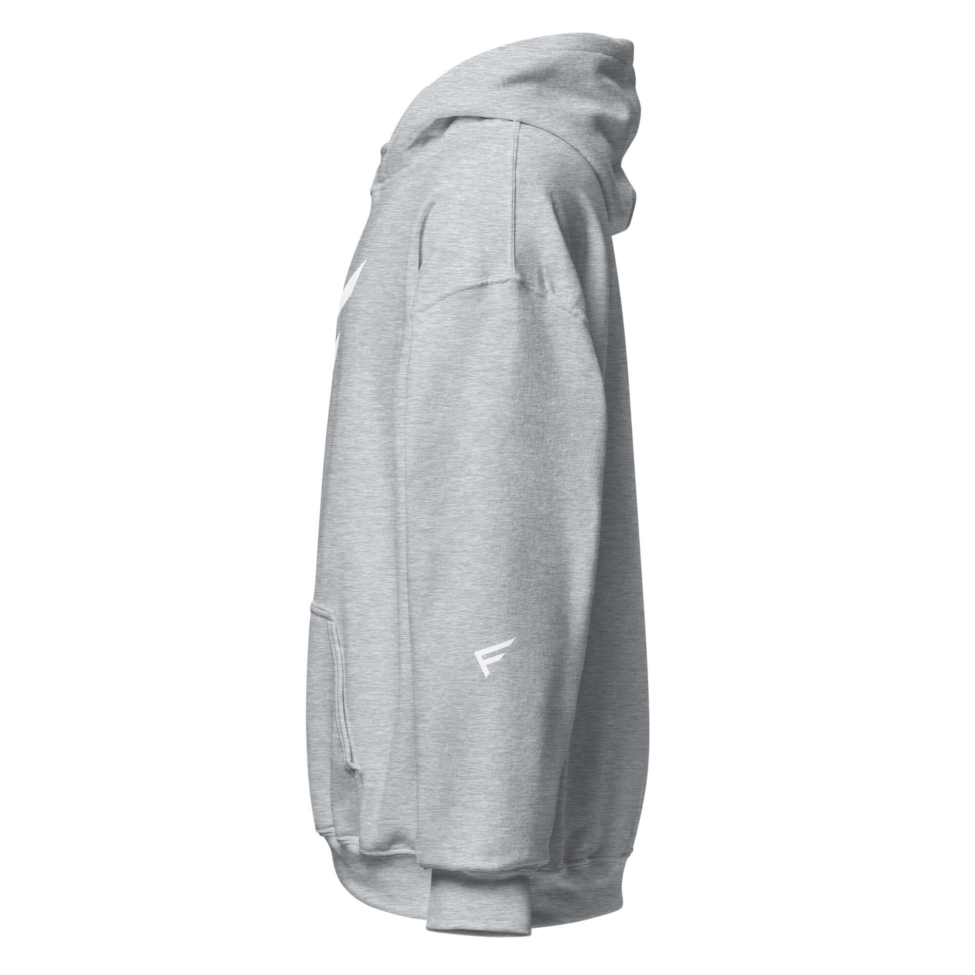 Side view of women's limited-edition grey hoodie with signature 'F' emblem, showcasing soft fabric and structured fit.