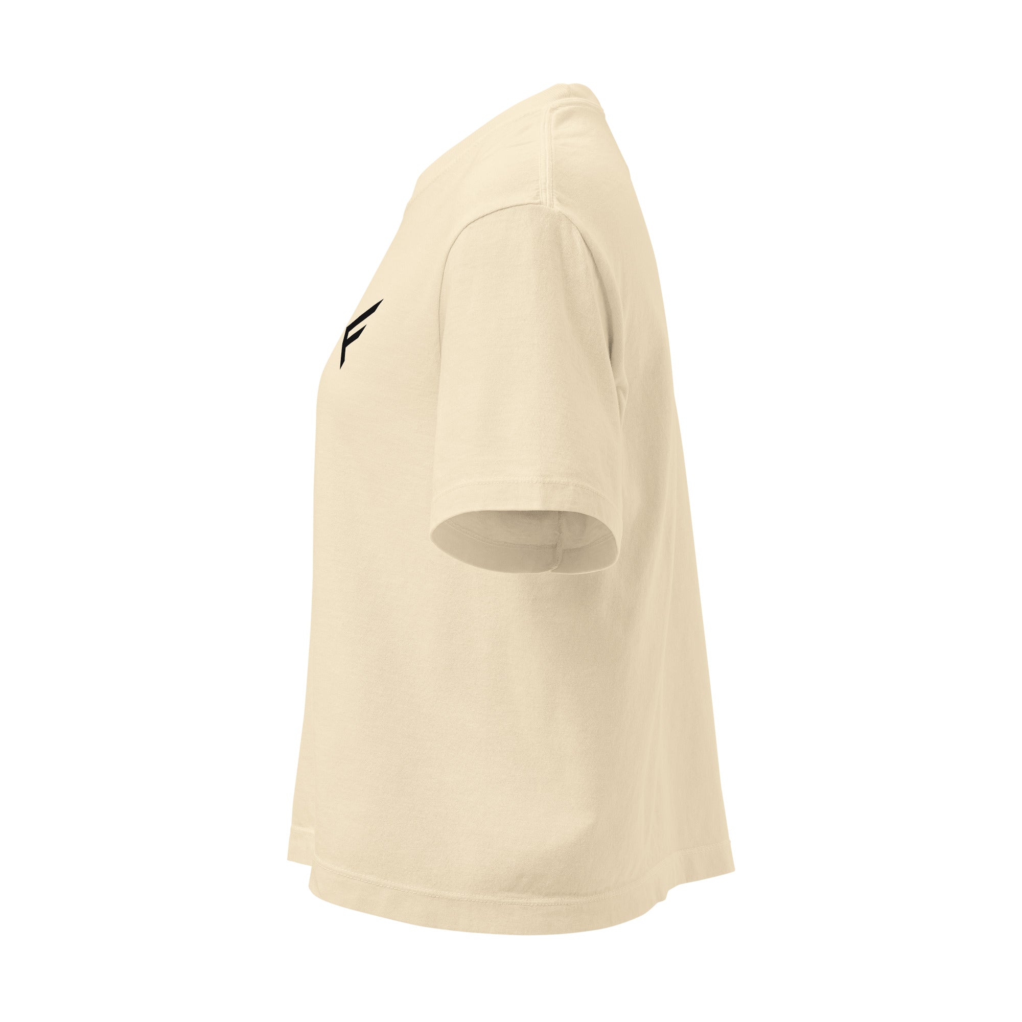 Worn-In Luxe Boxy Tee – Soft Neutral Edit shown from the side to highlight its boxy silhouette and soft fabric.